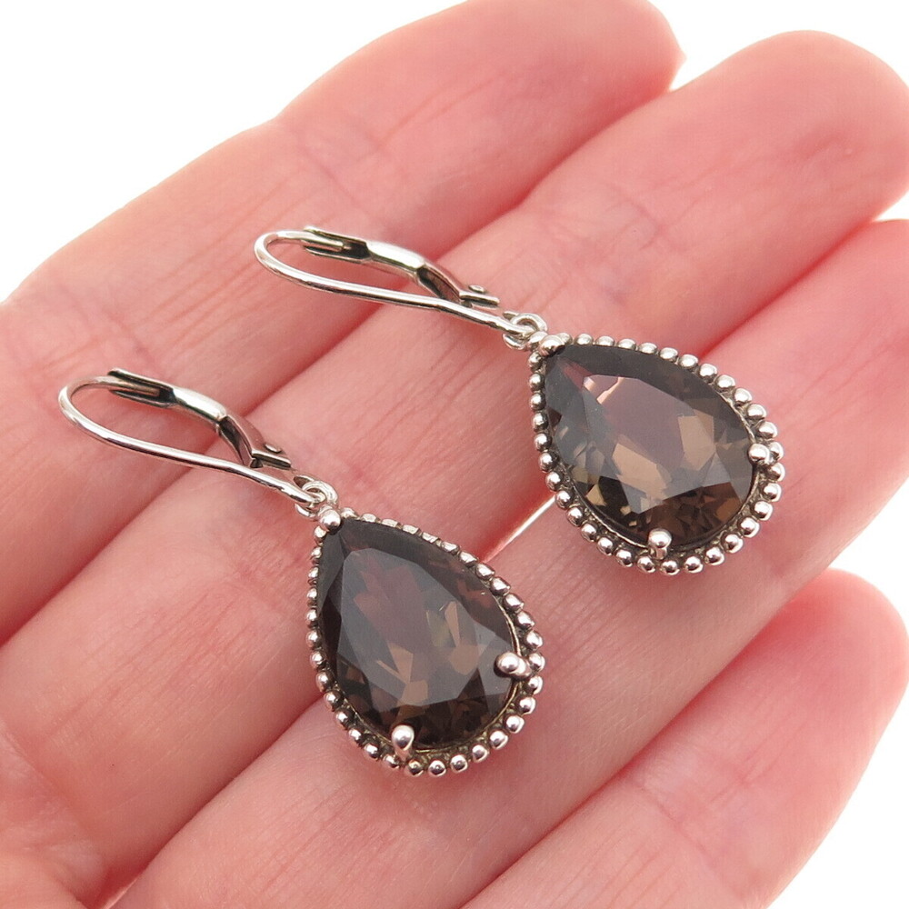 Michelle Albala 925 Sterling Silver Vintage Real Smoky Quartz Dangle Earrings
